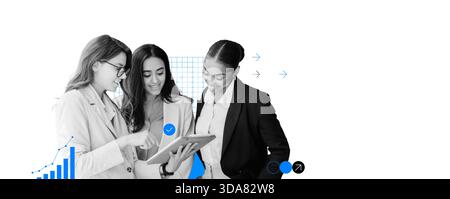 Three Women Collaborating on a Tablet While Discussing Growth Strategies in a Professional Setting Stock Photo