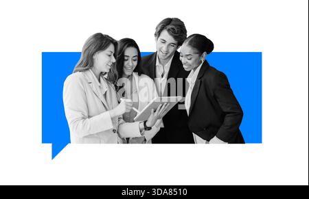 Team Members Collaborating on a Project With a Digital Tablet in a Bright Office Setting Stock Photo
