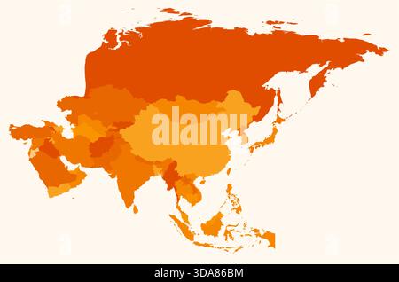 Map of Asia with countries. Just a simple continent border map with country division. Orange color palette. Stock Vector