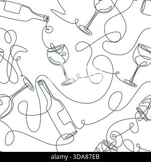 Vector seamless pattern with hand drawn continuous line wine bottles and glasses. Abstract monoline illustration. Design for bar menu, fabric, wrappin Stock Vector