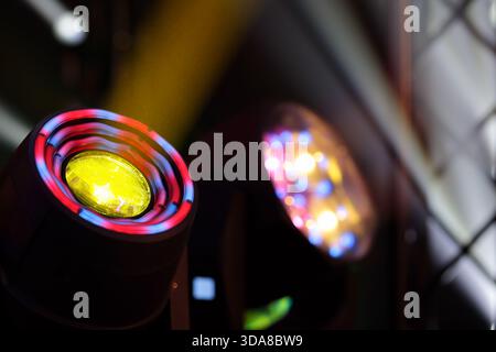 Close up of modern LED stage lighting equipment during live performance. Selective focus. Stock Photo