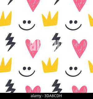 Smile face, flash, crown scribble seamless pattern Stock Vector