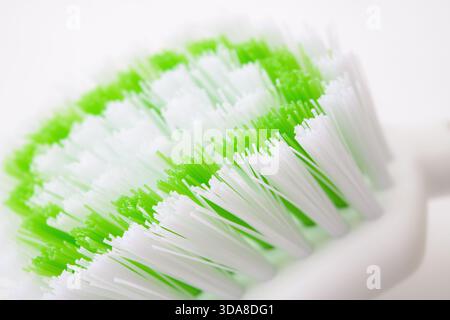 Close-up of green and white brush bristles on a white background. Stock Photo