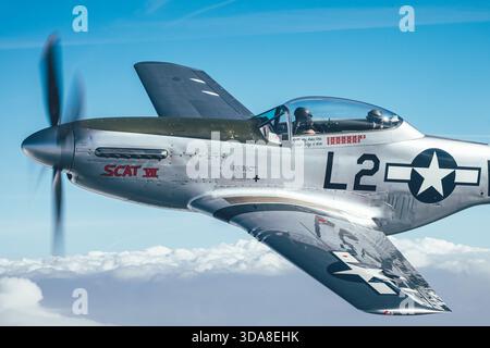 A North American P-51 TF-51D Mustang, registration PH-VDF, Military Code L2-W Scat VII, is photographed in close-up pilot view during the 2019 Sanicole Air Show in Belgium. Stock Photo