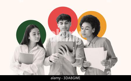 Group of Young People Collaborating With Digital Tablet and Documents in Modern Workspace Stock Photo