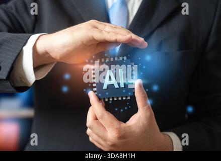 A businessman holds a computer chip with AI. New AI and neural network technologies. Implementing innovations in business and industry. Digital transf Stock Photo