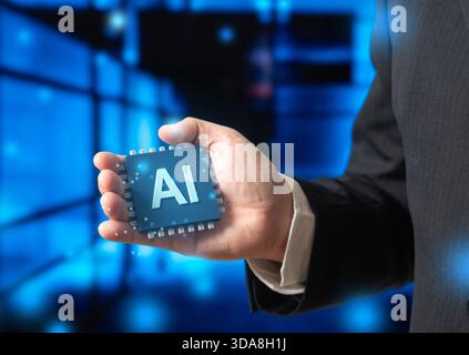 An AI-powered microchip in a businessman's hand. A revolution in technology and electronics. Bringing innovation to business and industry. Automation, Stock Photo