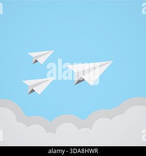 Paper Airplane flying on sky background Stock Vector