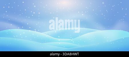 Beautiful, soft blue winter landscape background with glowing light, falling snow, and smooth, rolling snowdrifts. Background with falling snow bokeh, Stock Vector