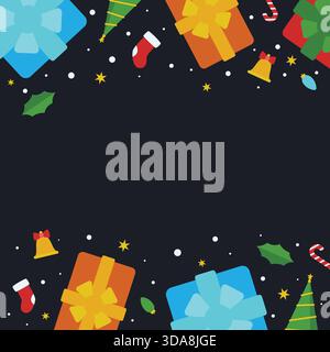 Christmas themed background with copy space featuring colorful gift boxes, socks, bells, and decorated pine trees. Stock Vector