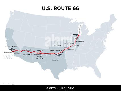 Map of historic Route 66 travel route Stock Photo - Alamy