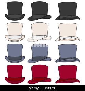 Set of color illustrations with classic top hat. Isolated vector objects on white background. Stock Vector