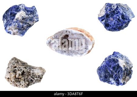 Collection of beautiful raw sodalite crystals and a geode on white background Stock Photo