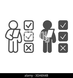Man with questionary sheet and checkmarks line and solid icon, traveler survey concept. Vector graphics. Traveler and checklist sign on white backgrou Stock Vector