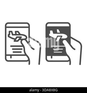 Smartphone with airplane in hand line and solid icon, traveler survey concept. Vector graphics. Touchscreen phone with air ticket sign on white backgr Stock Vector