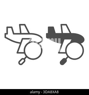 Aircraft with magnifier line and solid icon, air travel booking concept. Vector graphics. Airplane flight search, wayfinding sign on white background, Stock Vector