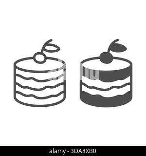 Puff cream cake line and solid icon, desert sweets concept. Vector graphics. Delicious cake with cherry sign on white background, outline style icon f Stock Vector