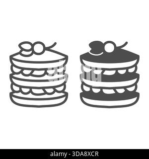 Puff pastry with cream and cherry line and solid icon, desert sweets concept. Vector graphics. Baked pancakes sign on white background, outline style Stock Vector