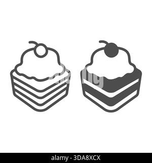 Puff pastry line and solid icon, desert sweets concept. Vector graphics. Fresh cupcake with cream and cherry sign on white background, outline style i Stock Vector