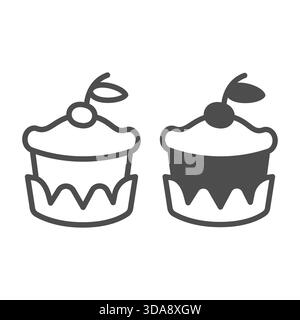 Fresh bun line and solid icon, desert sweets concept. Vector graphics. Cupcake in glaze and cherry sign on white background, outline style icon for mo Stock Vector