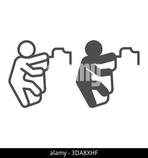 Athlete man at mountain rock line and solid icon, summer sports concept. Vector graphics. Climbing sportsman, extreme sport sign on white background, Stock Vector
