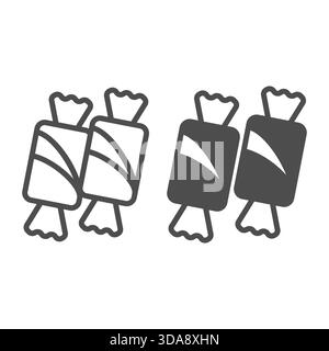 Two chocolate candies with sweet filling line and solid icon, desert sweets concept. Vector graphics. Candies in wrapping sign on white background, ou Stock Vector