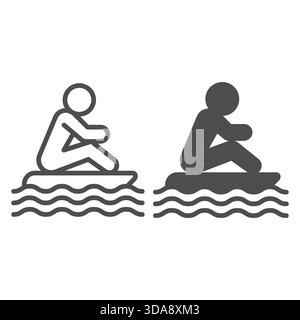 Man on raft floating in water line and solid icon, summer sports concept. Vector graphics. Surfboard with man and sea waves sign on white background, Stock Vector