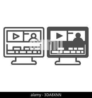 Monitor screen with video editing program line and solid icon, osint analytics concept. Vector graphics. Monoblock computer sign on white background, Stock Vector