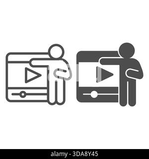 Blogger person and a video with play button line and solid icon, osint analytics concept. Vector graphics. Man with video player sign on white backgro Stock Vector