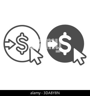 Coin with dollar and mouse pointer line and solid icon, osint analytics concept. Vector graphics. Choosing currency, money sign on white background, o Stock Vector