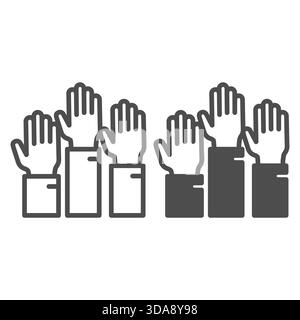 Raised up hands line and solid icon, osint analytics concept. Vector graphics. Three hands, voting sign on white background, outline style icon for mo Stock Vector