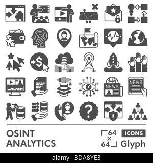 Osint analytics symbols collection or sketches, open source data theme with glyph style signs for web and app. Vector graphics isolated on white backg Stock Vector