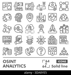Osint analytics symbols collection or sketches, open source data theme with line style signs for web and app. Vector graphics isolated on white backgr Stock Vector