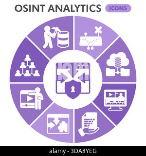 Osint analytics symbols collection or sketches, open source data theme bubble with glyph style signs for web and app. Vector graphics isolated on whit Stock Vector