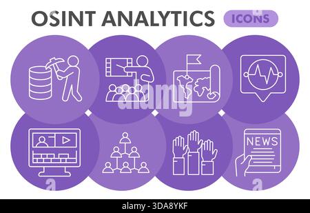 Osint analytics symbols collection or sketches, open source data theme bubble with thin line style signs for web and app. Vector graphics isolated on Stock Vector