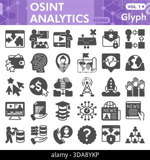 Osint analytics symbols collection or sketches, open source data theme with glyph style signs for web and app. Vector graphics isolated on white backg Stock Vector