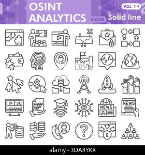 Osint analytics symbols collection or sketches, open source data theme with line style signs for web and app. Vector graphics isolated on white backgr Stock Vector