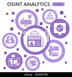 Osint analytics symbols collection or sketches, open source data theme bubble with glyph style signs for web and app. Vector graphics isolated on whit Stock Vector
