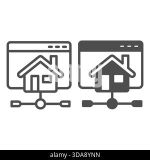 Website in home network line and solid icon, info tech concept. Vector graphics. Cottage house page and connection, connectivity sign on white backgro Stock Vector