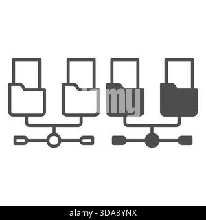 Network folders with documents line and solid icon, info tech concept. Vector graphics. Two folders and wired network, connection sign on white backgr Stock Vector