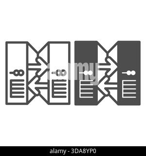Two servers line and solid icon, info tech concept. Vector graphics. Computer cases with arrows between, data exchange sign on white background, outli Stock Vector