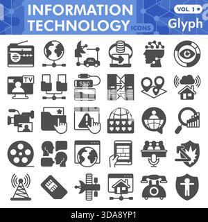 Info tech symbols collection or sketches, technology data theme with glyph style signs for web and app. Vector graphics isolated on white background Stock Vector