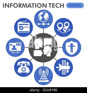 Info tech symbols collection or sketches, technology data theme bubble with glyph style signs for web and app. Vector graphics isolated on white backg Stock Vector