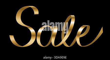 Sale text in golden ribbon on black background. Luxurious trendy gold lettering word perfect for logo, title or header, gift card, banner. Stock Vector
