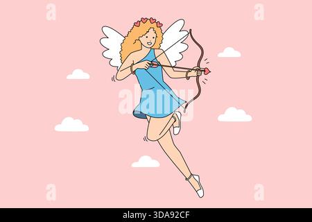 Charming angelic maiden soaring beneath pink sky holding bow and arrow Stock Vector