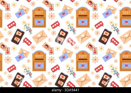 Festive seamless pattern for Valentine's Day with hearts, love letters, and a mailbox. Illustration in a flat style. Stock Vector