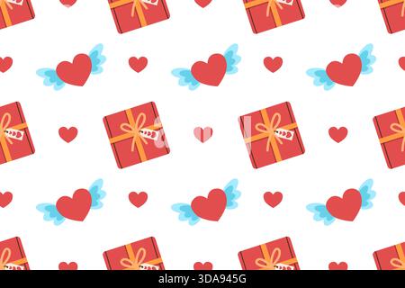 Festive seamless pattern for Valentine's Day with gift boxes and hearts. Flat style illustration. Stock Vector