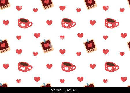 Festive seamless pattern for Valentine's Day with hearts and coffee cups. Flat style illustration. Stock Vector