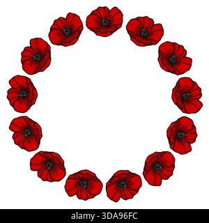 A vibrant vector wreath of red poppies with black outlines and grey centers, creating a bold floral frame on a white background. Stock Vector
