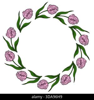 Delicate pink tulip floral wreath vector illustration, perfect for spring and Easter celebrations. Stock Vector